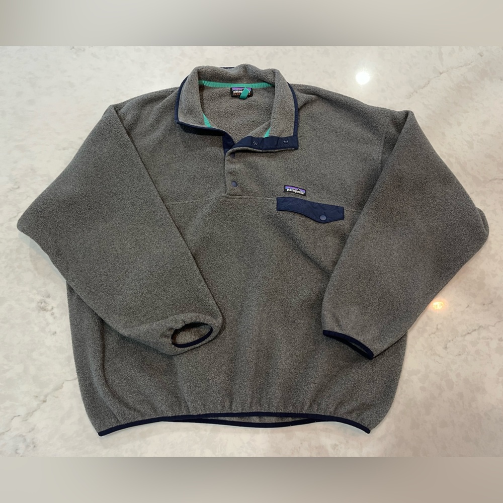Patagonia Men's Synchilla Gray/ Navy Fleece Snap T Pullover 2016, Size XL Rare